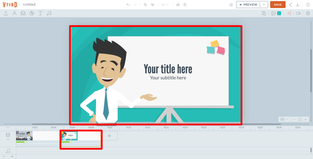 VYONDでシーンが新しく挿入された画面のスクリーンショット
